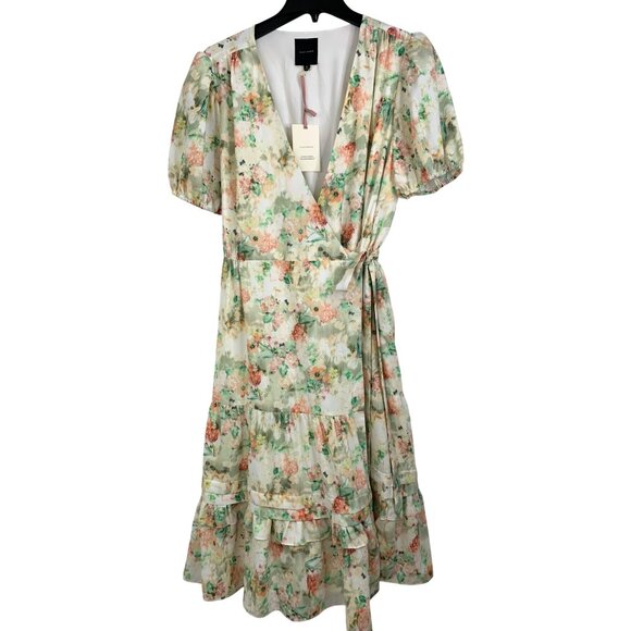 Alex Marie Pink Floral Wrap Midi Dress Tiered Puff Short Sleeves Sz 12 RD10175 - Picture 3 of 11